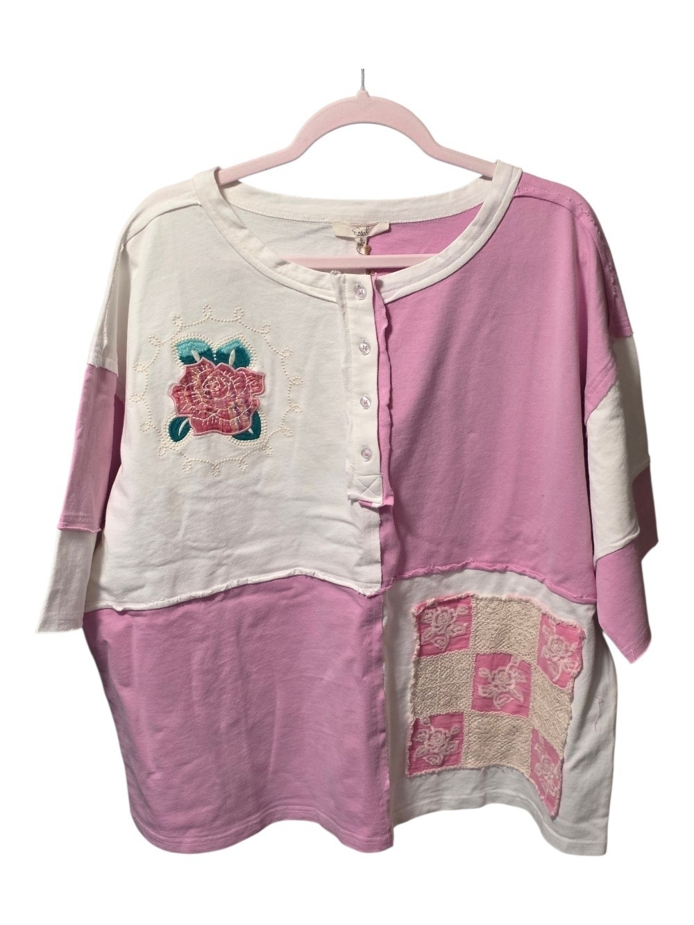 easel Pink and Cream Button-Front Patchwork Top with Floral Tag